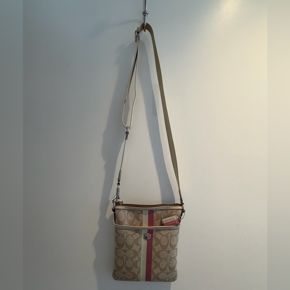 Coach Beige Canvas Crossbody with Pink and Cream Stripe